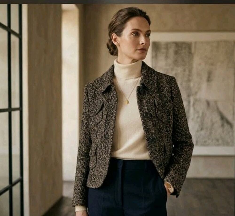 Carlisle Women Blazer Jacket 10 Brown Tweed Cropped Wool Blend Evening Formal